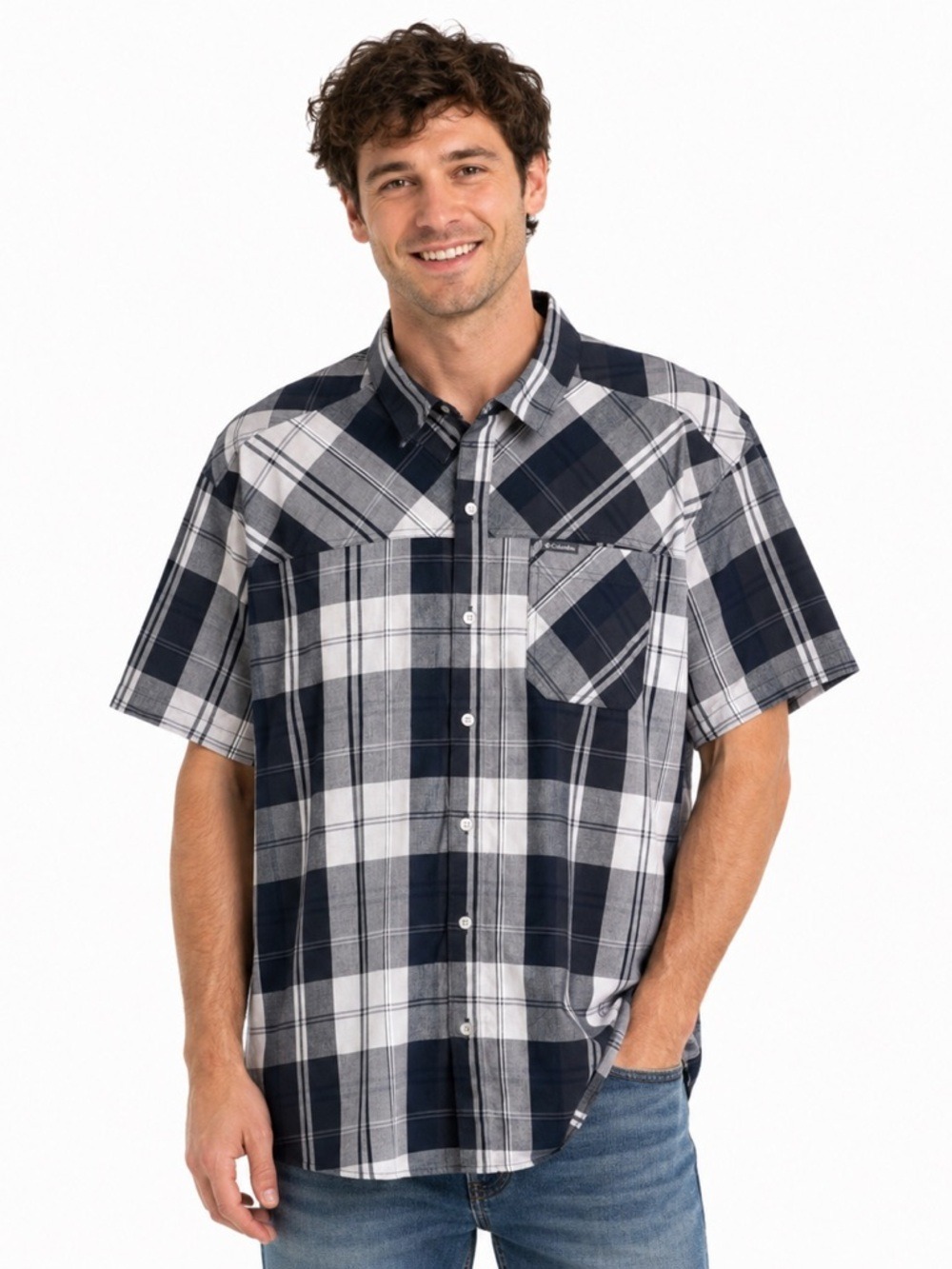 Columbia Men's Black Grey Plaid Short Sleeved Casual Button Down Dress S…